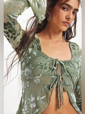 Urban Outfitters Olive Green Floral Tie-Front Sheer Top